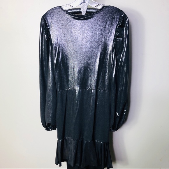 BOOHOO NWT Mini dress gunmetal grey, metallic long sleeves, deep V- neck SZ 8 - Picture 8 of 11
